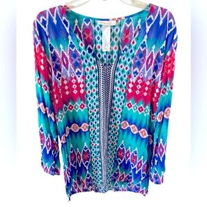 La Blanca Sandbar Swim Cover Up Tunic Medium Multicolor Print - Pink Blue Green
